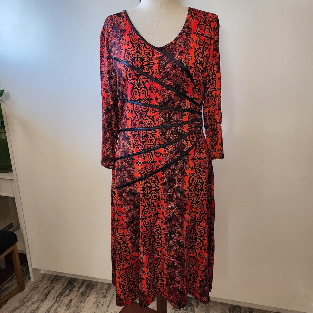 XL red and black dress with shape flattering torso design, knee length dress